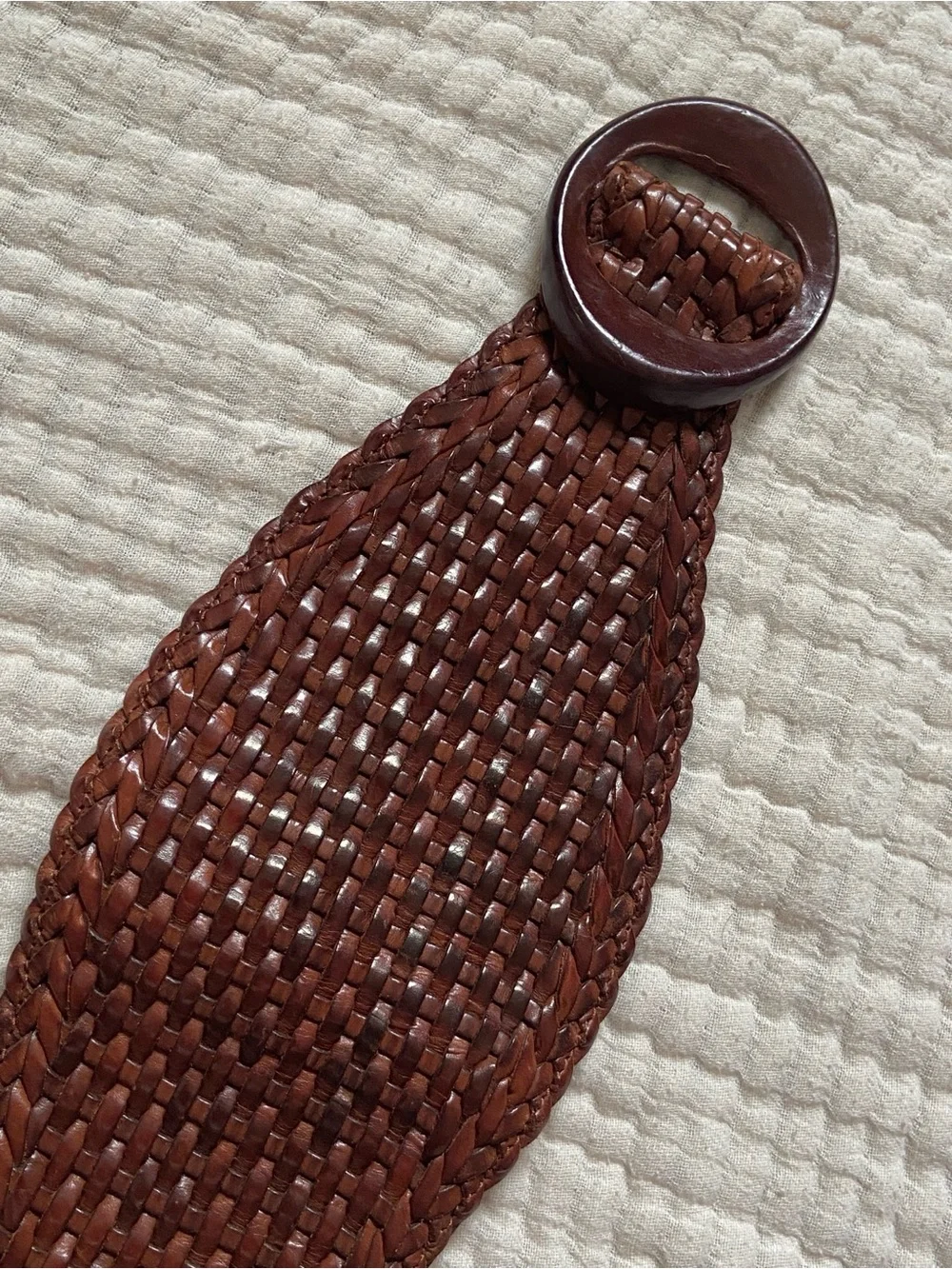 Vintage Woven Leather Circle-Buckle Belt in Dark Brown